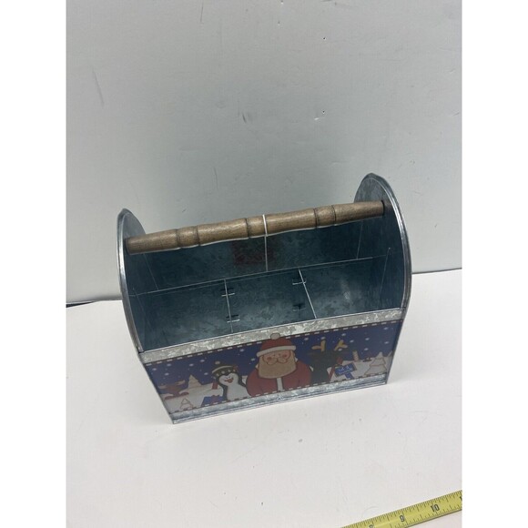 Tin Box Company Santa and Penguin Utensil Caddy Holder Dinner Party Dented Tags - Picture 5 of 13